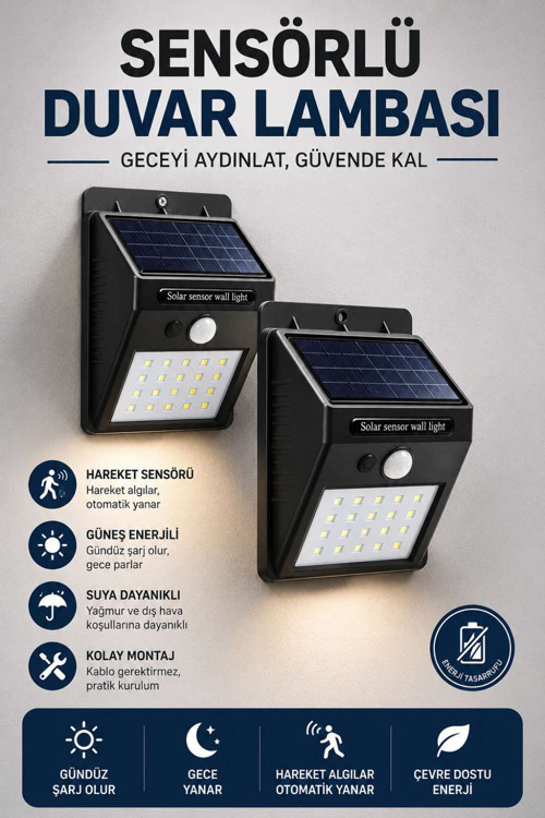 Solar Sensörlü Duvar Lambası Bahçe Lamba 20 Led Işık