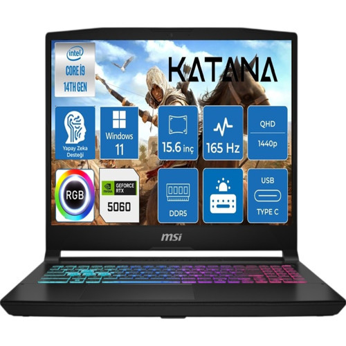 Msı Katana 15 Hx Intel Core I9 14900HX RTX5060 8gb 115W 2k QHD(2560X1440) 165Hz 48GB Ddr5 Ram 512GB SSD Windows 11 P