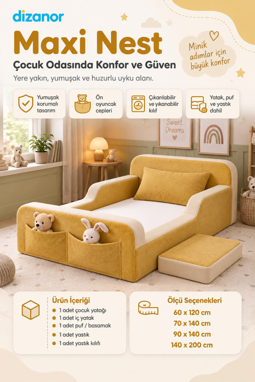 Yeni Nesil Maxi Nest %100 Sünger ve Yıkanabilir Fermuarlı Kumaşa Sahip Bebek, Çocuk ve Genç Montessori Karyola Baza ve Başlık Yatağı Seti - 70 x 140 / Sarı - Bej