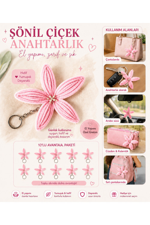 Şönil Çiçek Anahtarlık 10'Lu Paket /El Yapımı / Çanta Süsü / Nikah, Söz, Nişan Ve Doğum Günü Hediyeliği.