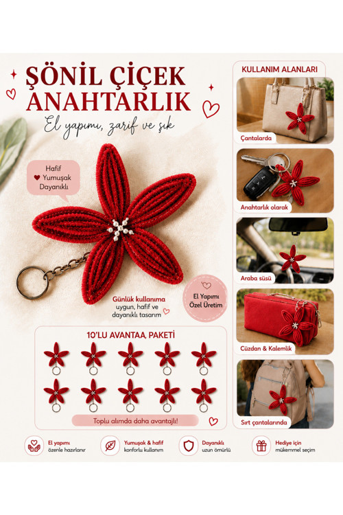 Şönil Çiçek Anahtarlık 10'Lu Paket /El Yapımı / Çanta Süsü / Nikah, Söz, Nişan Ve Doğum Günü Hediyeliği.
