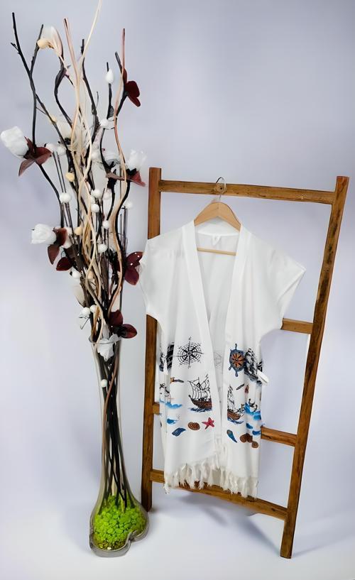 Beachwear,Pamuk Viskon Denizci Desen, Baskılı, Kuşaklı, Kısa Kimono, Peştemal Bornoz
