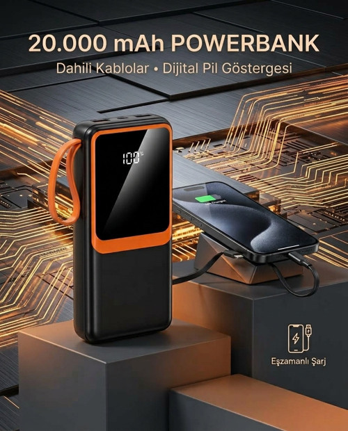 20000 mAh Yüksek Kapasiteli Powerbank Dahili Kablolu Dijital Göstergeli Taşınabilir Şarj Cihaz�