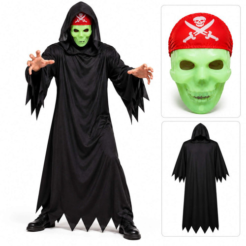 Fosforlu Kafatası Maskeli Siyah Hayalet Kostümü (140 cm)