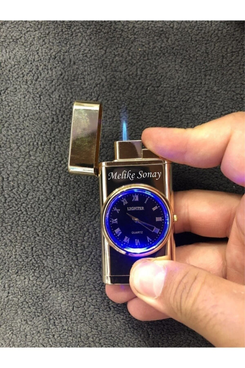 Kişiye Özel Isim Baskılı Çakmak Saatli ,Işıklı Kutulu Gold