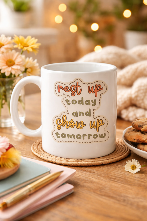Motivasyon Mesajlı Porselen Kupa MODEL 146 – “Rest Up Today, Show Up Tomorrow” Yazılı – Kahve & Çay Kupası – Hediye Fikri