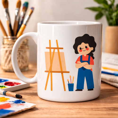 Ressam Tasarımlı Porselen Kupa MODEL 163 – Sanatçı Temalı Kahve Kupası – Ressam Hediyesi – Sanat Severlere Özel Beyaz Kupa
