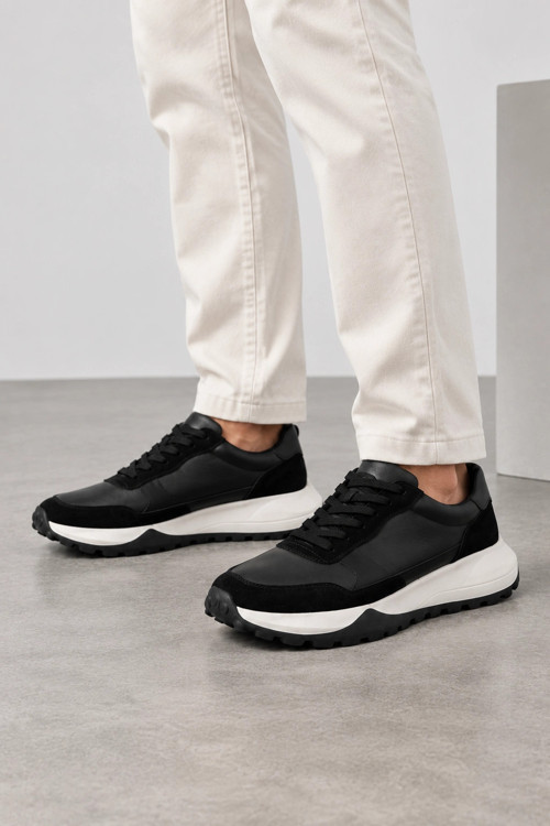 Rexton Erkek Hakiki Deri Bağcıklı Günlük Sneaker Ayakkabı - Siyah