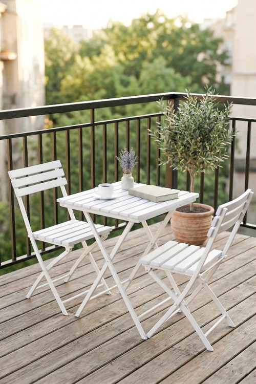 Katlanabilir 3'Lü Masa Sandalye Bahçe & Bistro & Kamp & Balkon Takımı - Beyaz