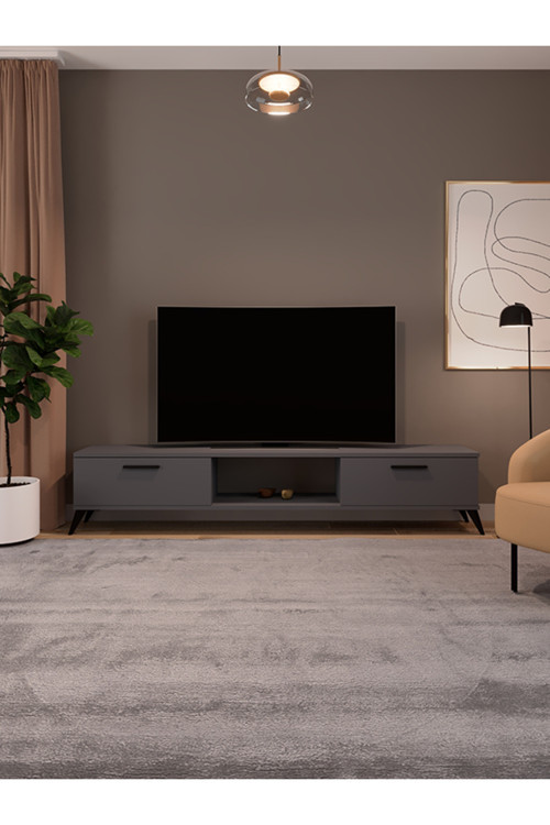 Sahra 2 Kapaklı Tv Ünitesi Ayaklı Modern Tv Sehpası 180 Cm - Antrasit