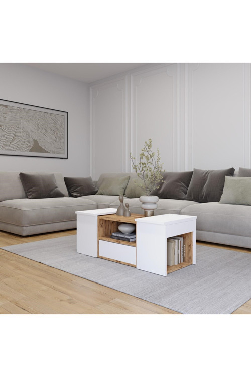 Lila Orta Sehpa 3'Lü Takım Zigonlu Modern, 100 Cm, Atlantik Çam - Beyaz
