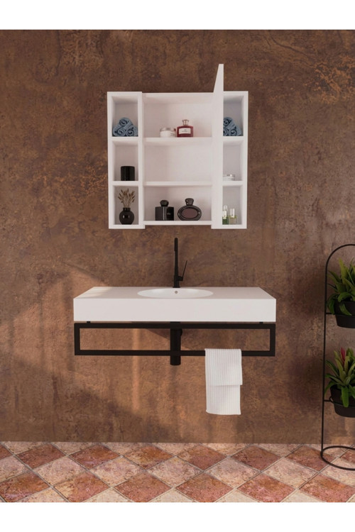Yağmur Lavabo Üstü Aynalı Dolap, Tek Kapaklı Çift Taraflı Raflı Aynalı Banyo Dolabı - Beyaz
