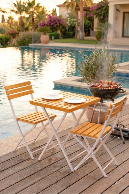 Katlanabilir 3'Lü Masa Sandalye Bahçe & Bistro & Kamp & Balkon Takımı - Turuncu
