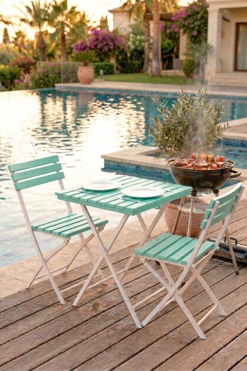 Katlanabilir 3'Lü Masa Sandalye Bahçe & Bistro & Kamp & Balkon Takımı - Yeşil