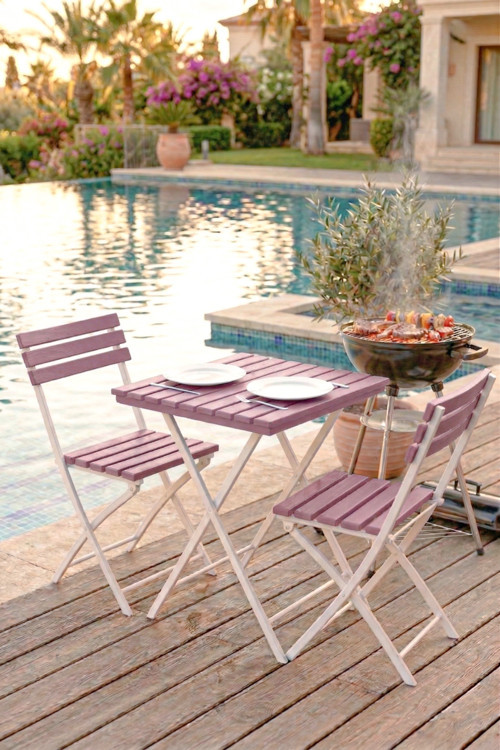 Katlanabilir 3'Lü Masa Sandalye Bahçe & Bistro & Kamp & Balkon Takımı - Pembe