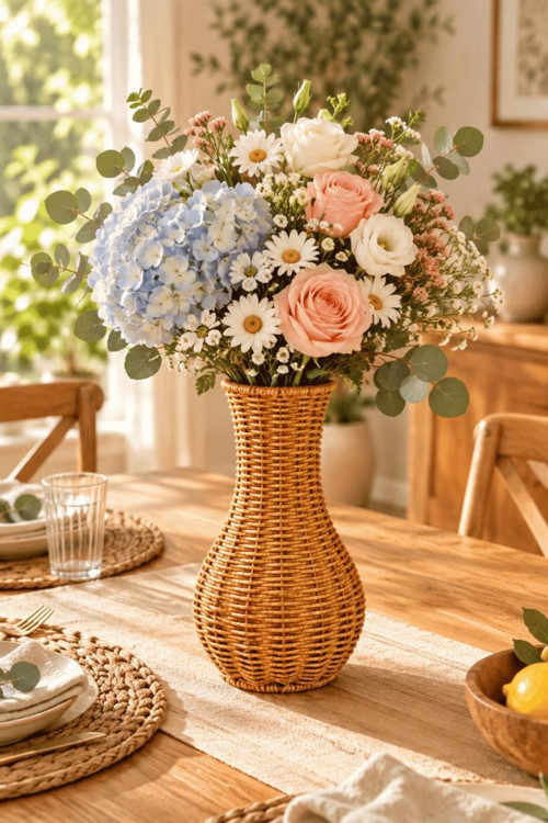 Doğal Hasır Rattan Çiçek Vazosu 25.5 cm - Masa Üstü Dekoratif El Örgüsü Kuru Çiçeklik Ve Saksı