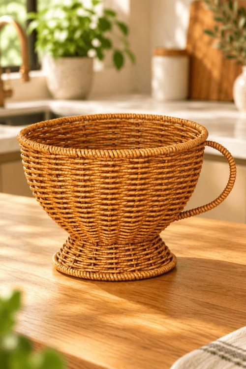 Büyük Boy Doğal Hasır Rattan Kupa Sepet 20x16 cm - Kulplu Ayaklı Masa Üstü Ekmeklik Ve Meyvelik