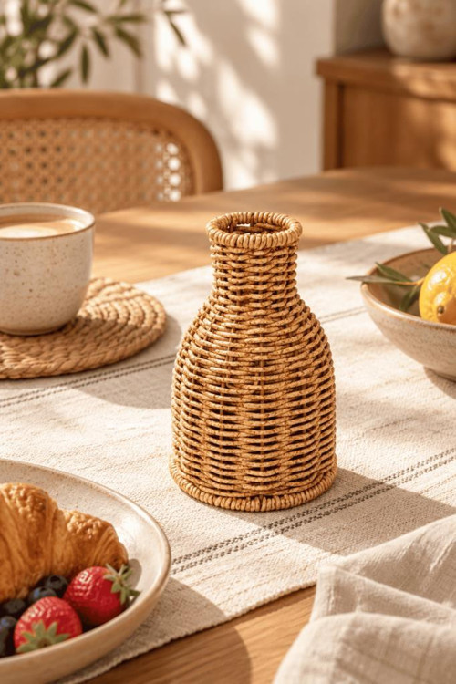 Doğal Hasır Rattan Çiçek Vazosu 16 cm - Masa Üstü Dekoratif El Örgüsü Küçük Kuru Çiçeklik Vazo
