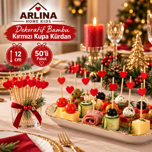 Dekoratif Bambu Kırmızı Kupa Kürdan 12 CM 50'li Paket