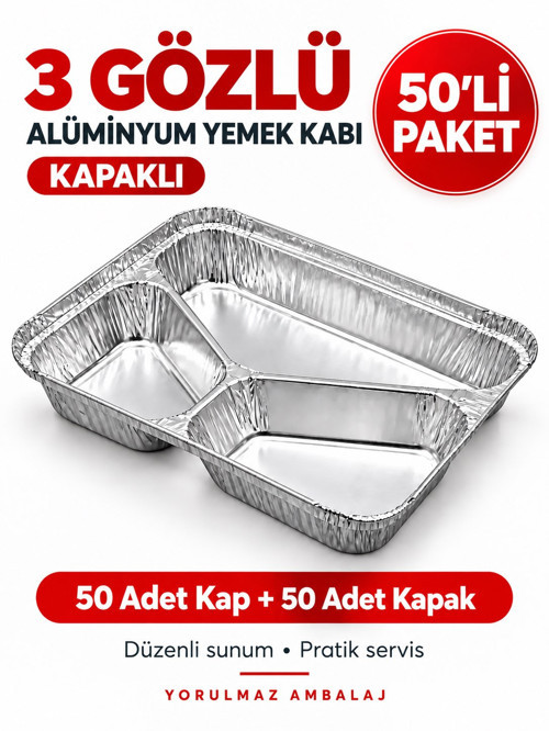 3 Gözlü Kapaklı Alüminyum Yemek Kabı 50’li – Bölmeli Tabldot ve Paket Servis Kabı