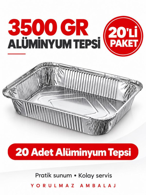 3500 Gr Alüminyum Tepsi 20 Adet – Büyük Boy Dikdörtgen Kullan At Yemek ve Servis Tepsisi