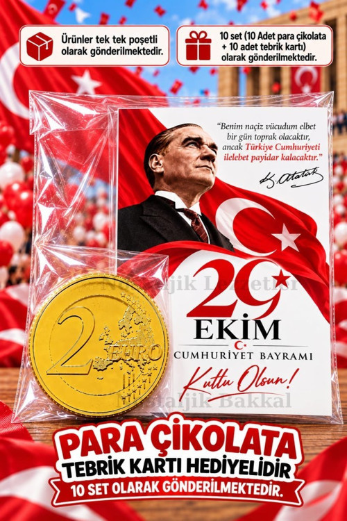 10 Adet 29 Ekim Cumhuriyet Bayramı Para Çikolata Tebrik Kartı Hediye Seti