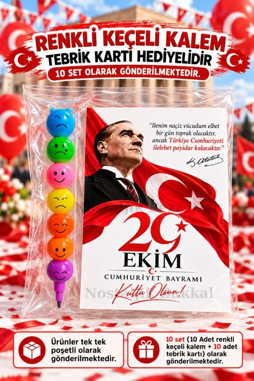 10 Adet 29 Ekim Cumhuriyet Bayramı Renkli Keçeli Kalem Tebrik Kartı Hediye Seti