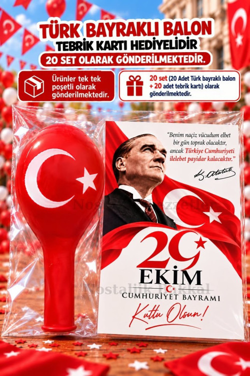 20 Adet 29 Ekim Cumhuriyet Bayramı Türk Bayraklı Balon Tebrik Kartı Hediye Seti