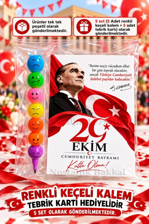 29 Ekim Cumhuriyet Bayramı 5 Adet Renkli Keçeli Kalem Tebrik Kartı Hediye Seti