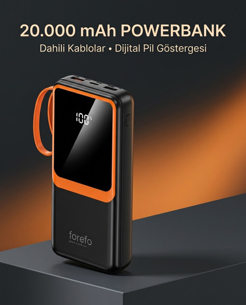 popüler Telefon ve Mobil Cihaz Uyumlu 20000 mAh Powerbank Dahili Kablolu Dijital Göstergeli 2026
