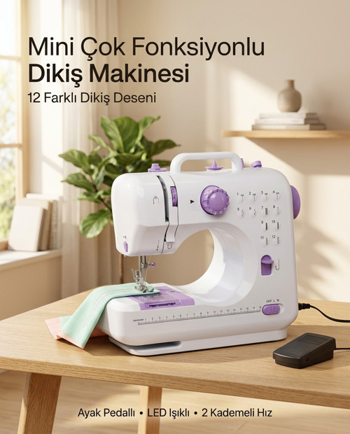 popüler Çok Fonksiyonlu Mini Dikiş Makinesi 12 Dikiş Seçenekli 2 Kademeli Hız Ayarlı 2026