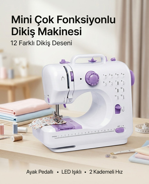 popüler Ev Tipi Mini Dikiş Makinesi Ayak Pedallı LED Aydınlatmalı 12 Farklı Dikiş Desenli 202