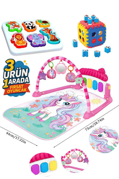 Piyanolu Aynalı Dişlikli Peluşlu Oyun Halısı Müzikli Jimnastik Merkezi Bultak Set Pembe