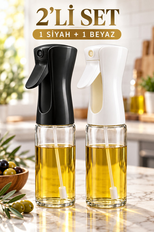 2’li Cam Sprey Yağlık Seti 2 × 220 ml – Zeytinyağı Püskürtücü, Salata ve Airfryer İçin Yağ Spreyi