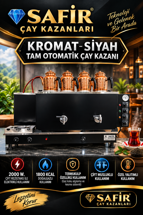 SAFİR 4 DEMLİKLİ KROMAT SİYAH TAM OTOMATİK ÇAY KAZANI ELEKTRİKLİ VE DOĞALGAZLI CE BELGELİ GAZMER AÇILIŞ ONAYLI GAZ EMNİYET SİSTEMLİ VENTİLLİ ÇAY SEMAVERİ