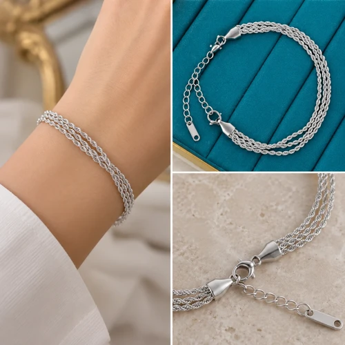 💎 Premium Parlak ve Şık Gümüş Renk 316L Çelik Üç Sıralı Burgu Zincir Kadın Bileklik (~22cm)