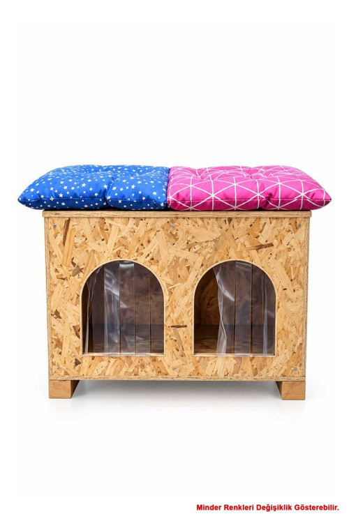Kedi Evi Dış Ortam Uygun Ahşap Kedi Evi Double OSB Minderli 61x41x36 cm CAT51M