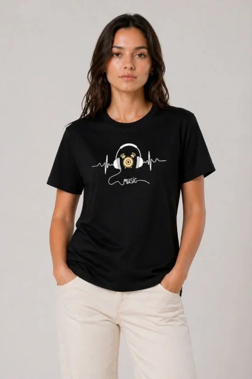 Müzik Temalı Baskılı Tişört Bisiklet Yaka Kısa Kol T-Shirt - Siyah