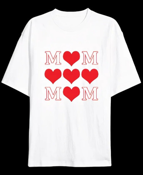 Anneler Günü Hediye MOM Kalp Baskılı Oversize Bisiklet Yaka T-shirt - Beyaz