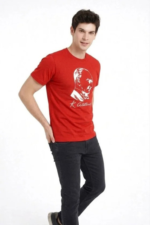 Erkek Atatürk Baskılı Tişört Kısa Kollu Bisiklet Yaka T-Shirt - Kırmızı