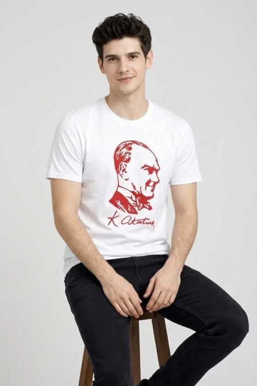 Erkek Atatürk Baskılı Tişört Kısa Kollu Bisiklet Yaka T-Shirt - Beyaz