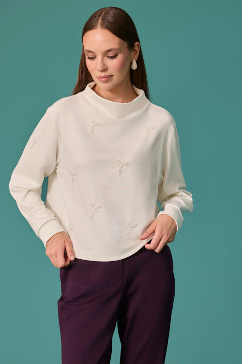 Kadın İnci Çiçek Detaylı Dik Yaka Sweatshirt Ekru