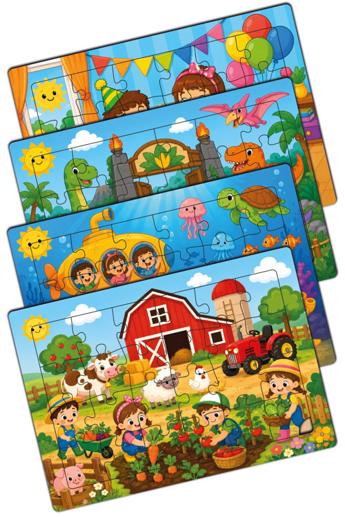 Minikler Keşif Serisi 1/5 Ahşap 4'Lü Yapboz Seti(Çiftlikte-Denizaltında-Dinazor Parkında-Doğumgünü Partisinde)