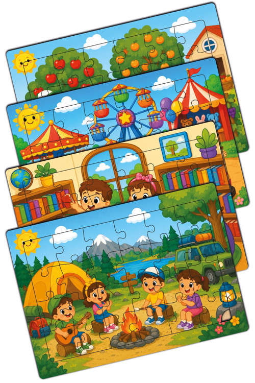 Minikler Keşif Serisi 3/5 Ahşap 4'Lü Yapboz Seti(Kampta-Kütüphanede-Lunaparkta-Meyve Bahçesinde)