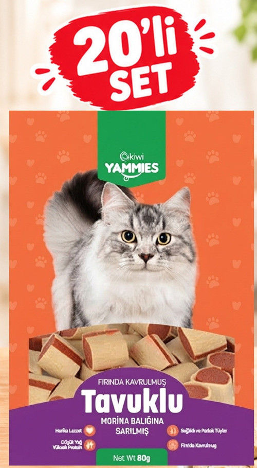 Pets Kyct-50354 Yammies Tavuklu Morina Balığına Sarılmış Kedi Ödül Maması 80gr 20Lİ SET