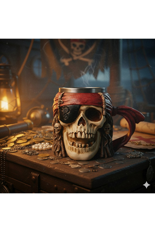 Viking Korsan Kafatası Paslanmaz Çelik 3d 500ml Kabartmalı Kupa Bardak Çay Kahve Kupa Bardak