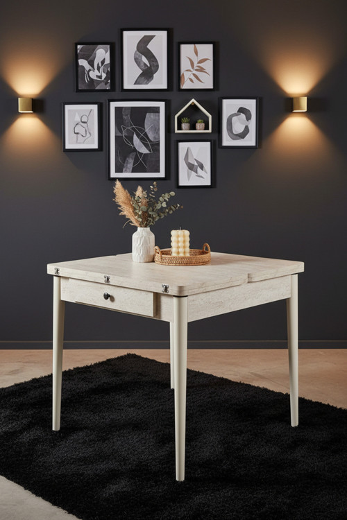 Terra-Traverten Kapuçino Açılır Mutfak Masası – Krem Ahşap Ayaklı (80X80 - 80X160)