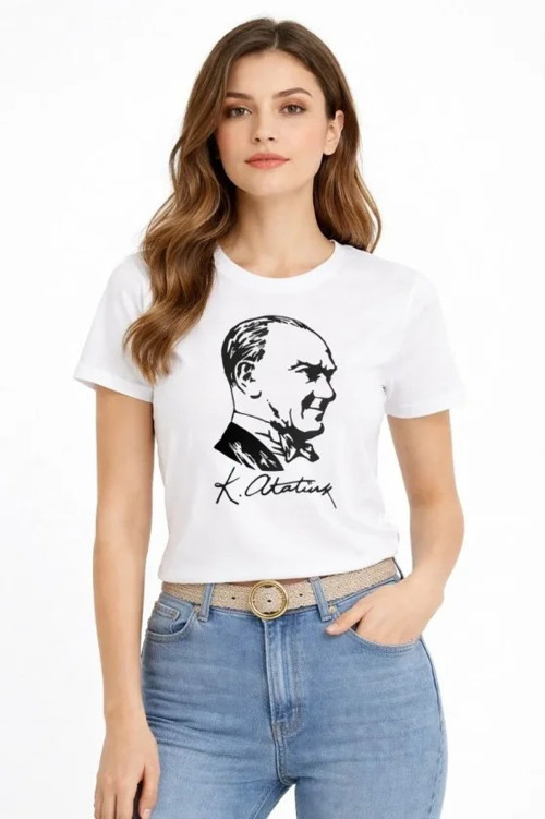 Atatürk Baskılı Tişört Kısa Kollu Bisiklet Yaka T-Shirt - Beyaz