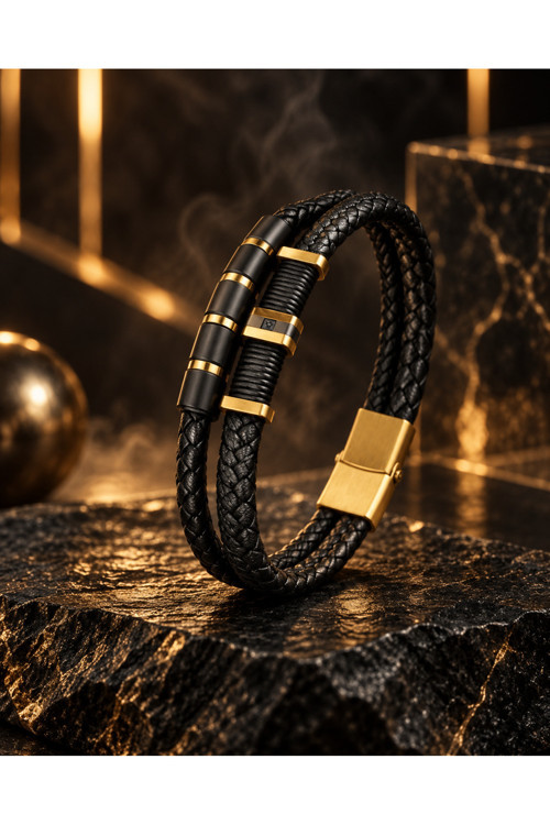 4052 Prestige Black Gold Hakiki Deri Erkek Bileklik