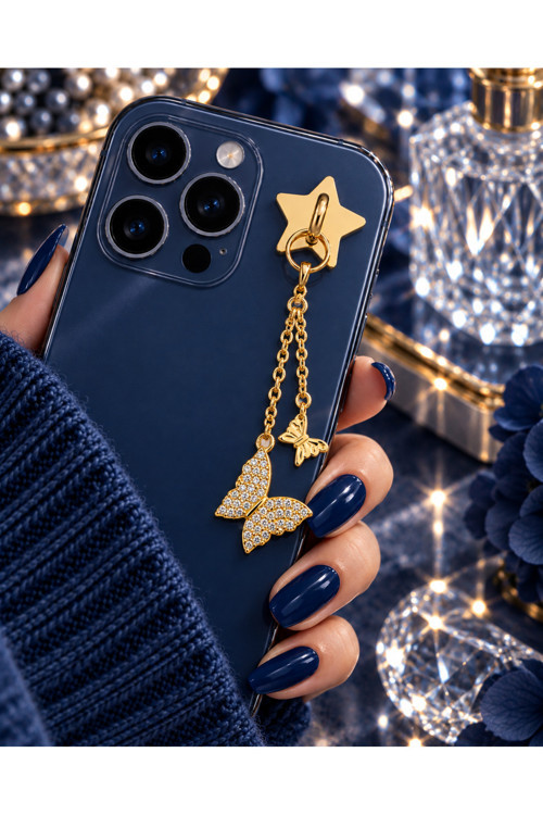 3015 Premium Zirkon Taşlı Figürlü Lüks Telefon Charmi - Altın Renk